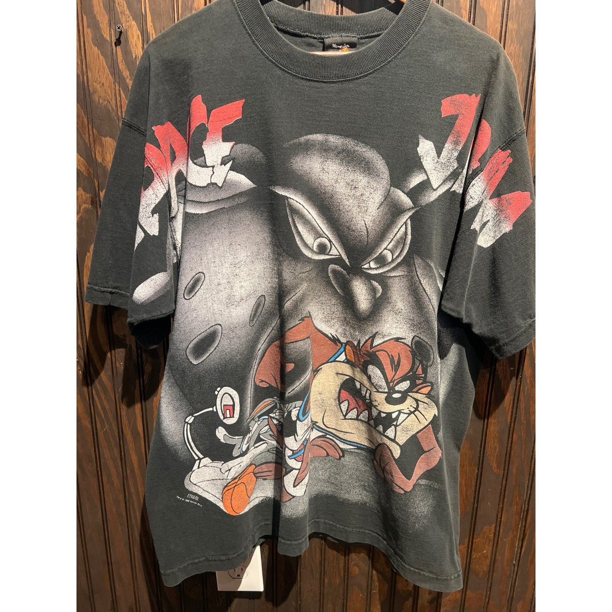 Vintage 1996 Space Jam Monstars Taz Bugs Bunny All Over Print T-Shirt Black XL