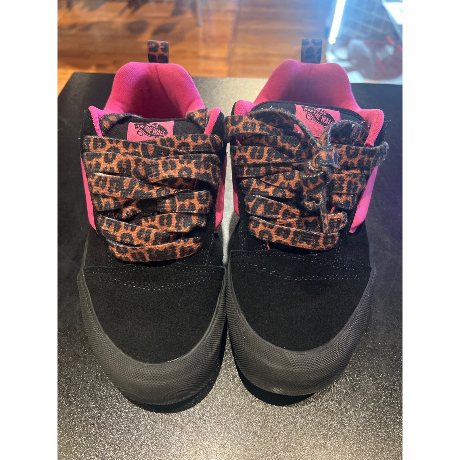 Vans Knu Skool Black Pink Leopard Print Fat Laces Mens 8 Womens 9.5 Skate Shoes