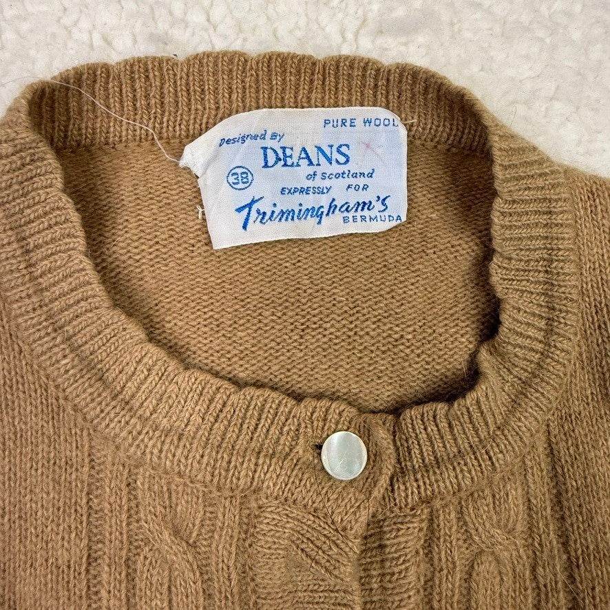 Vintage DEANS of Scotland Cable Knit Cardigan Pure Wool Tan Button Up Size 38