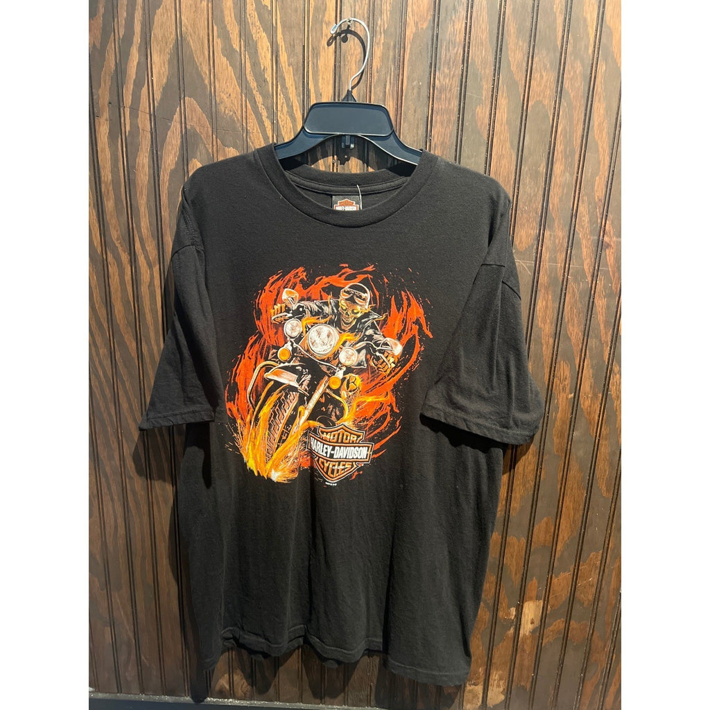 Harley-Davidson Skeleton Biker Flame Graphic T-Shirt Black Mens Large 29.5x21