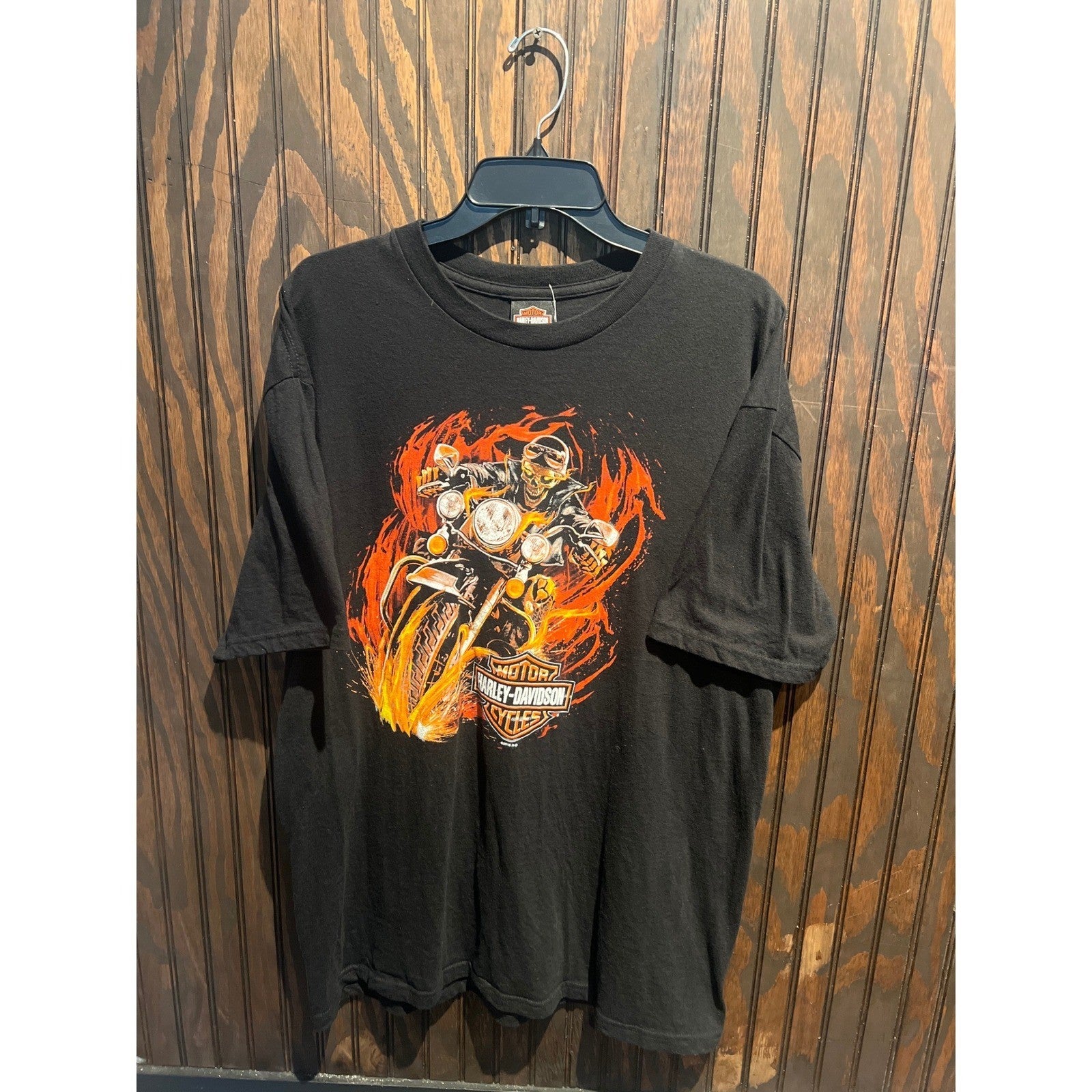 Harley-Davidson Skeleton Biker Flame Graphic T-Shirt Black Mens Large 29.5x21