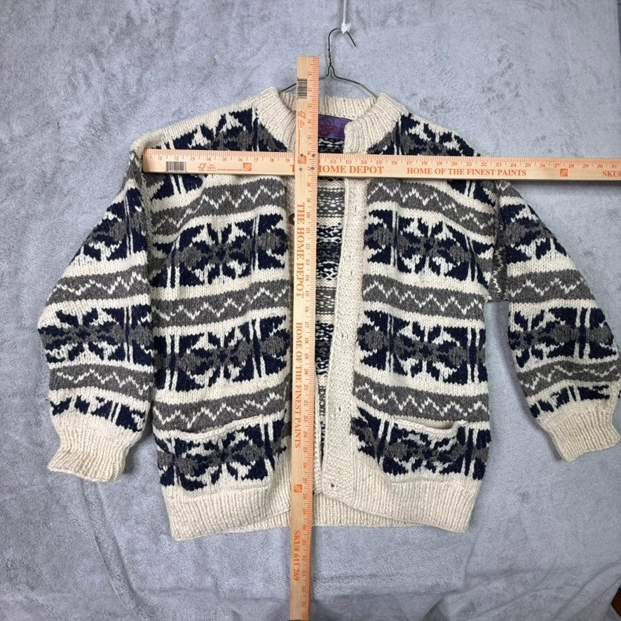 Artesania Authentic Handknit 100% Wool Cardigan Sweater Navy Grey Cream