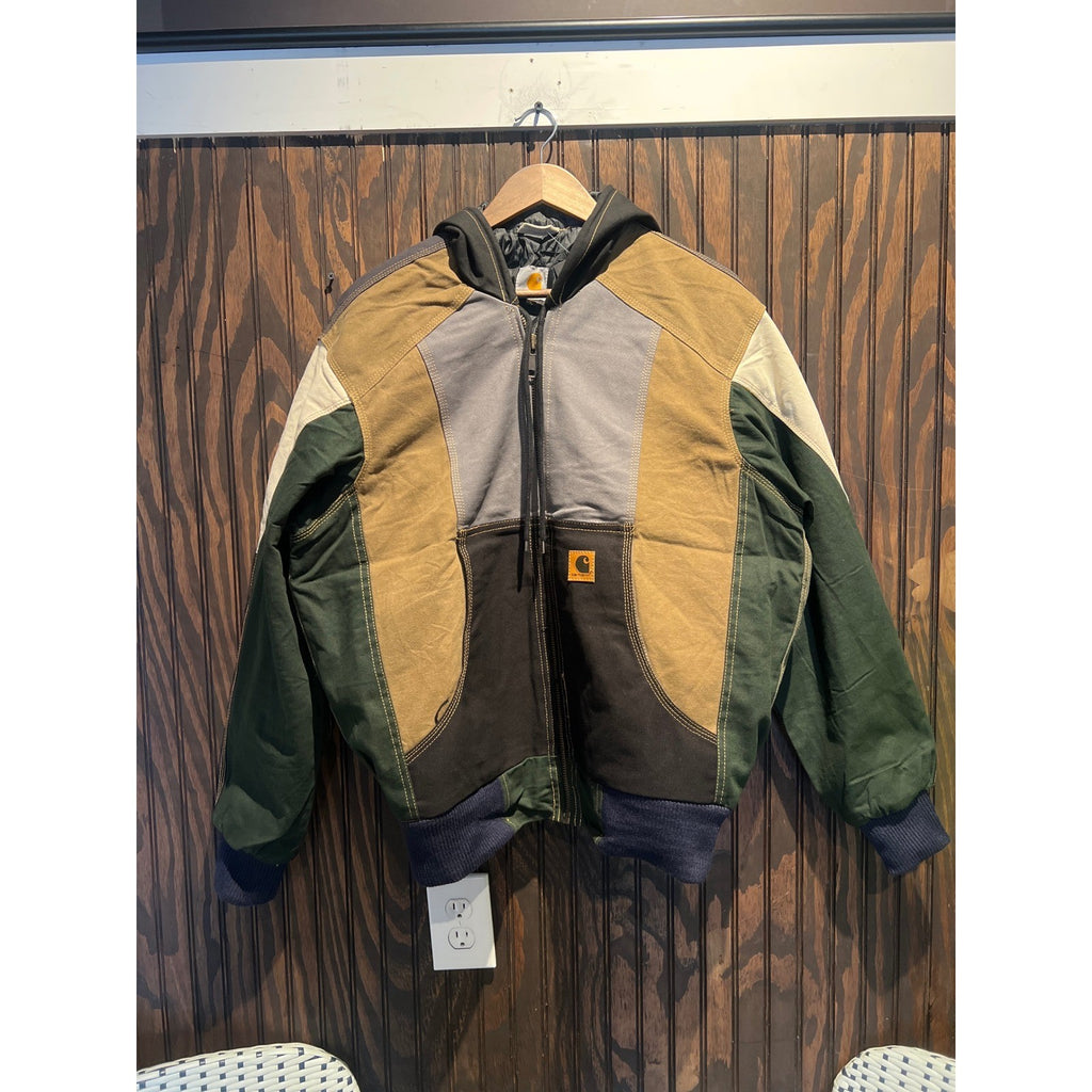 Carhartt Multi Color Patchwork Active Jacket Hooded Canvas Work Bomber Large