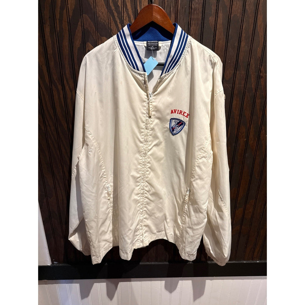 Avirex Vintage Mens XL Bomber Jacket Cream Blue Striped Windbreaker Full Zip 75