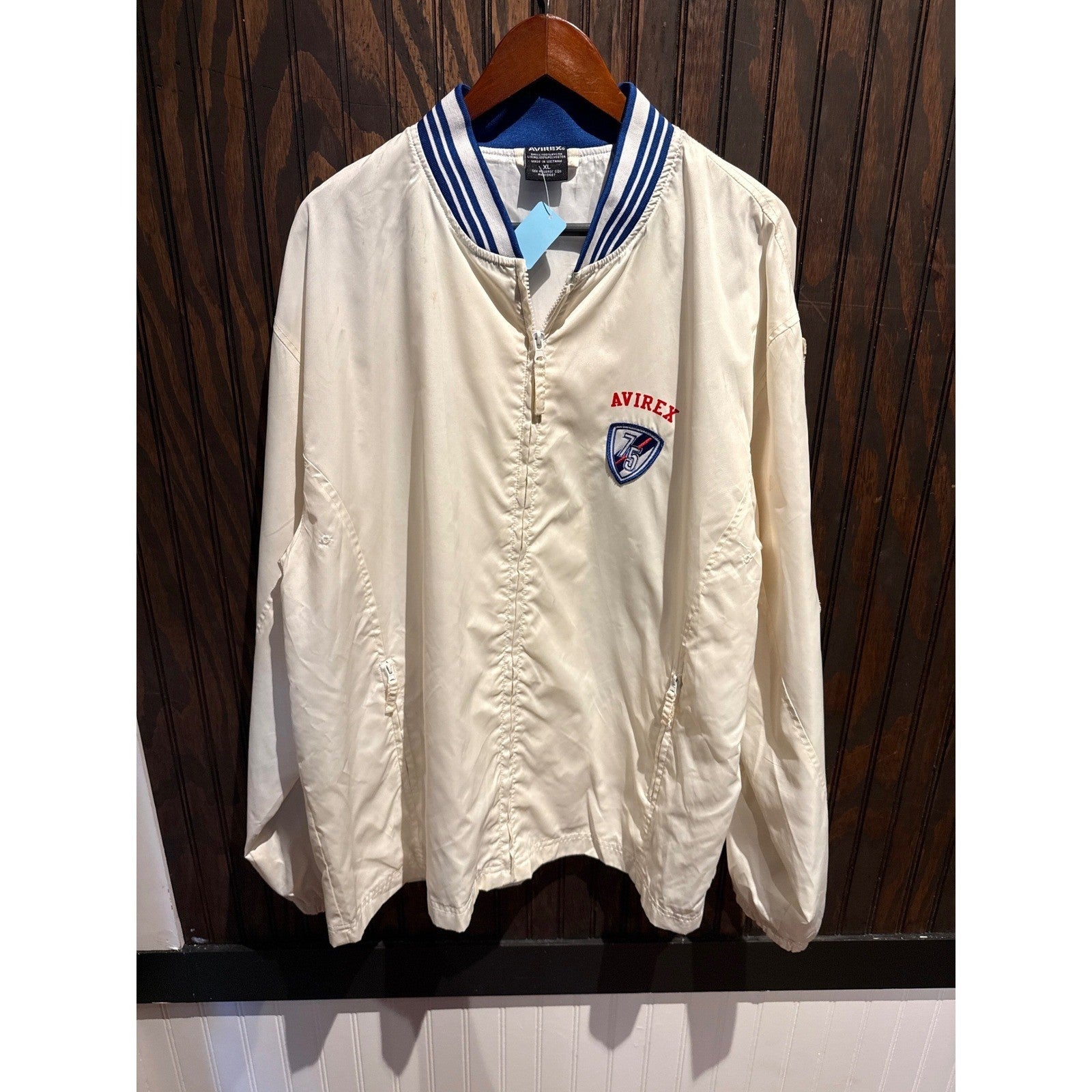 Avirex Vintage Mens XL Bomber Jacket Cream Blue Striped Windbreaker Full Zip 75