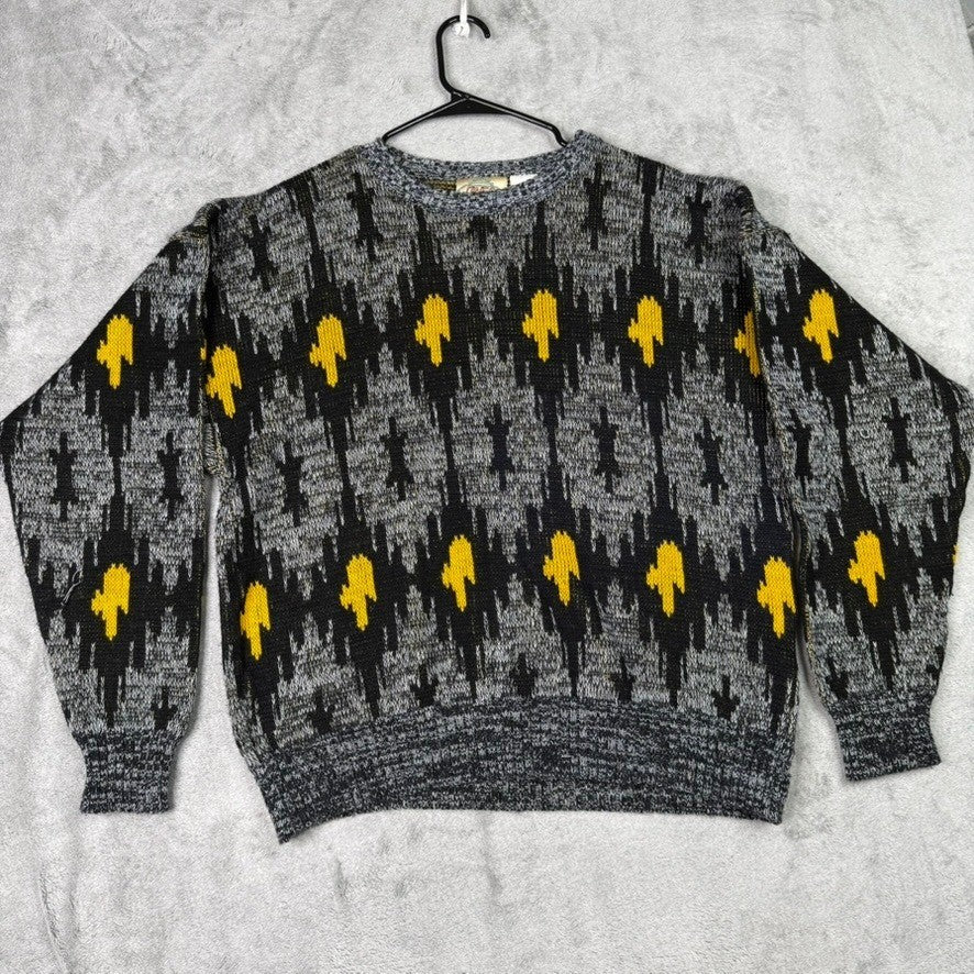 Diner Sportswear Mens Geometric Pattern Knit Sweater Gray Yellow Black Size M