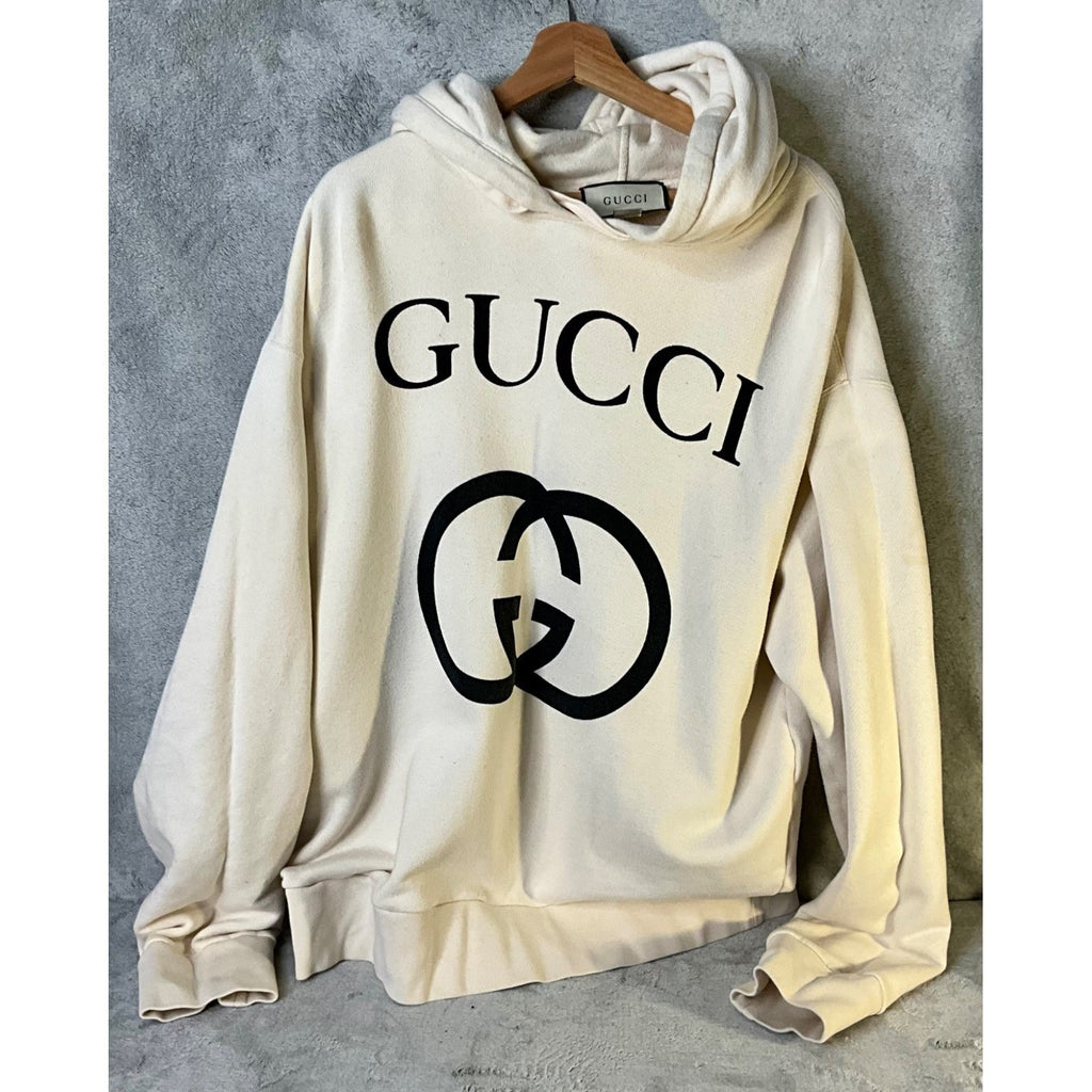 Gucci Interlocking G Logo Hoodie Cream Off-White Cotton Pullover 475374 Mens 2XL