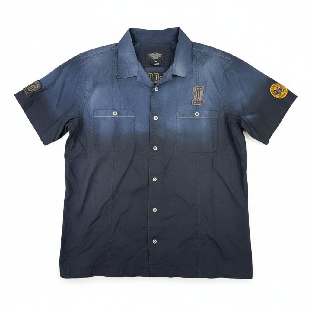 Harley Davidson Mens Button Up Shirt Short Sleeve Blue Black Ombre Logo 2XL