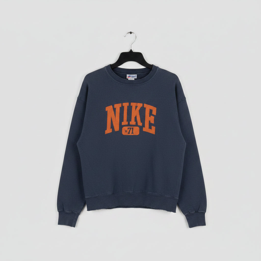 Nike Vintage Mens Sweatshirt Navy Blue Orange Graphic Pullover Raw Hem Boxy L