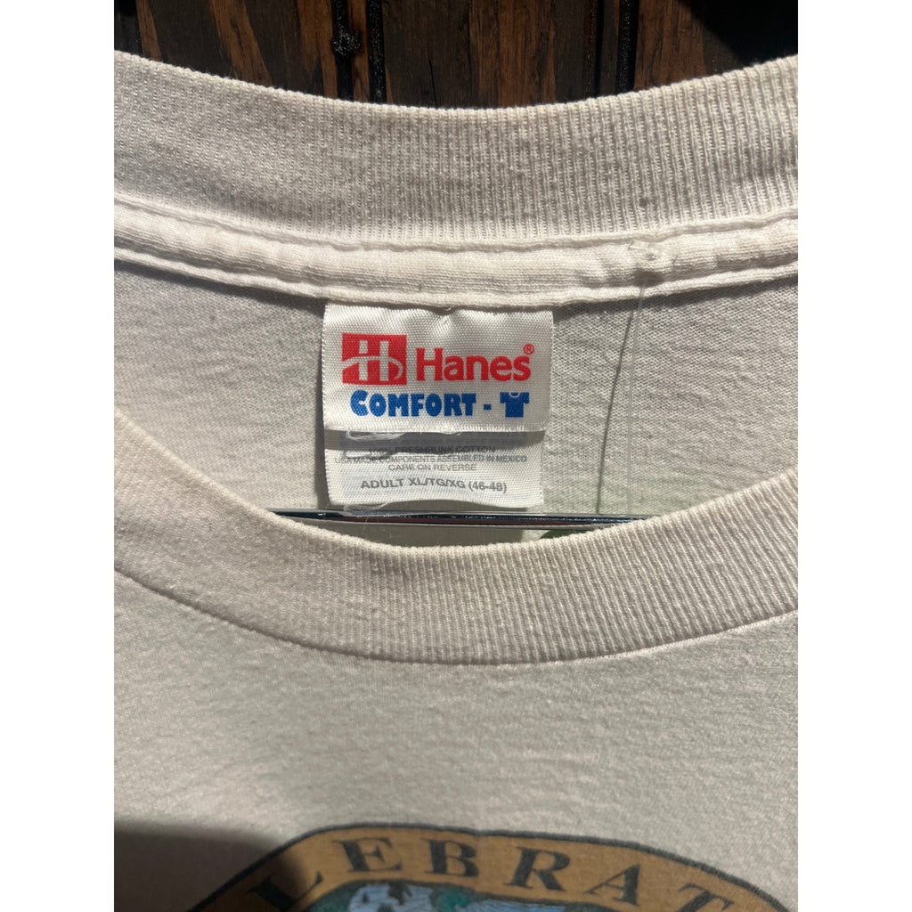 Vintage 90s Hanes Earth Day T-Shirt Single Stitch Cream Graphic Tee XL 30x24