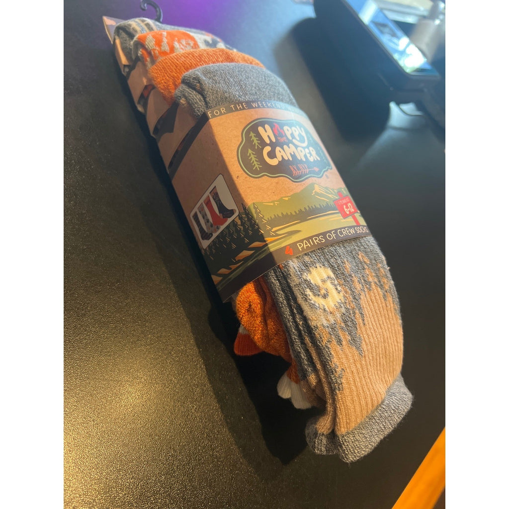 Happy Camper by MVP Mens Crew Socks 4 Pack Mountain Tree Graphic Orange Grey6-12