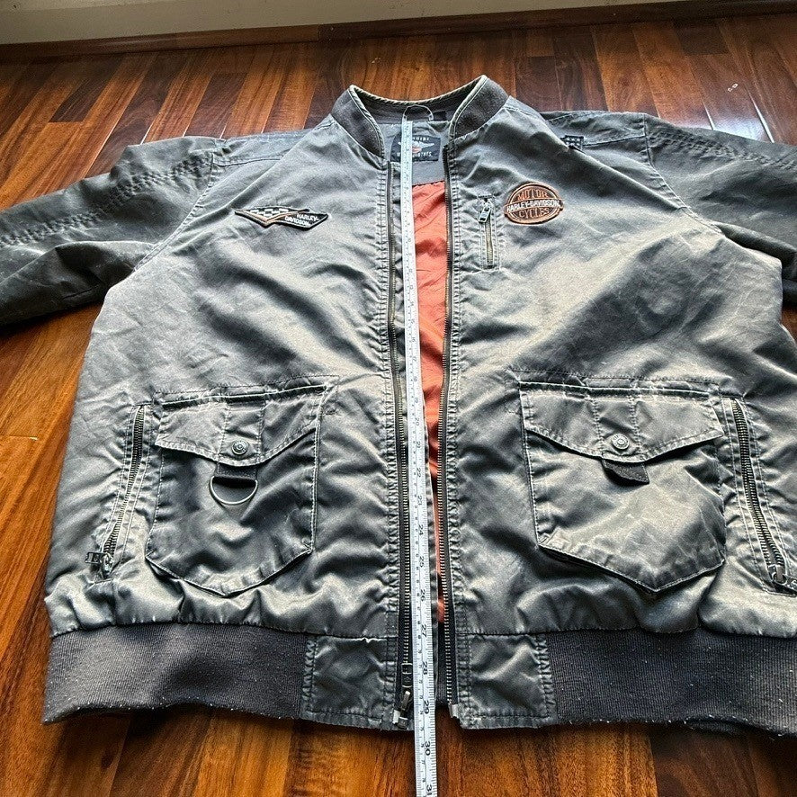Harley Davidson Mens Bomber Jacket Gray Embroidered Biker Coat Large Logo