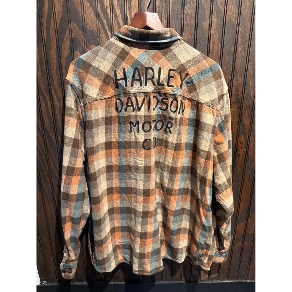 Harley Davidson Mens Flannel Shirt 3XL Brown Tan Plaid Long Sleeve Button Down