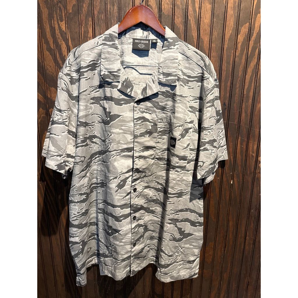 Harley-Davidson Mens Grey Tiger Stripe Camo Short Sleeve Button Up Camp Shirt XL