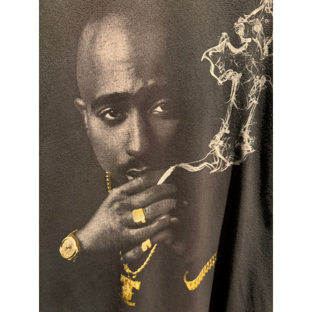 Tupac Shakur Graphic Tee Mens XL Faded Black Gold Foil Smoke Cross Rap T-Shirt