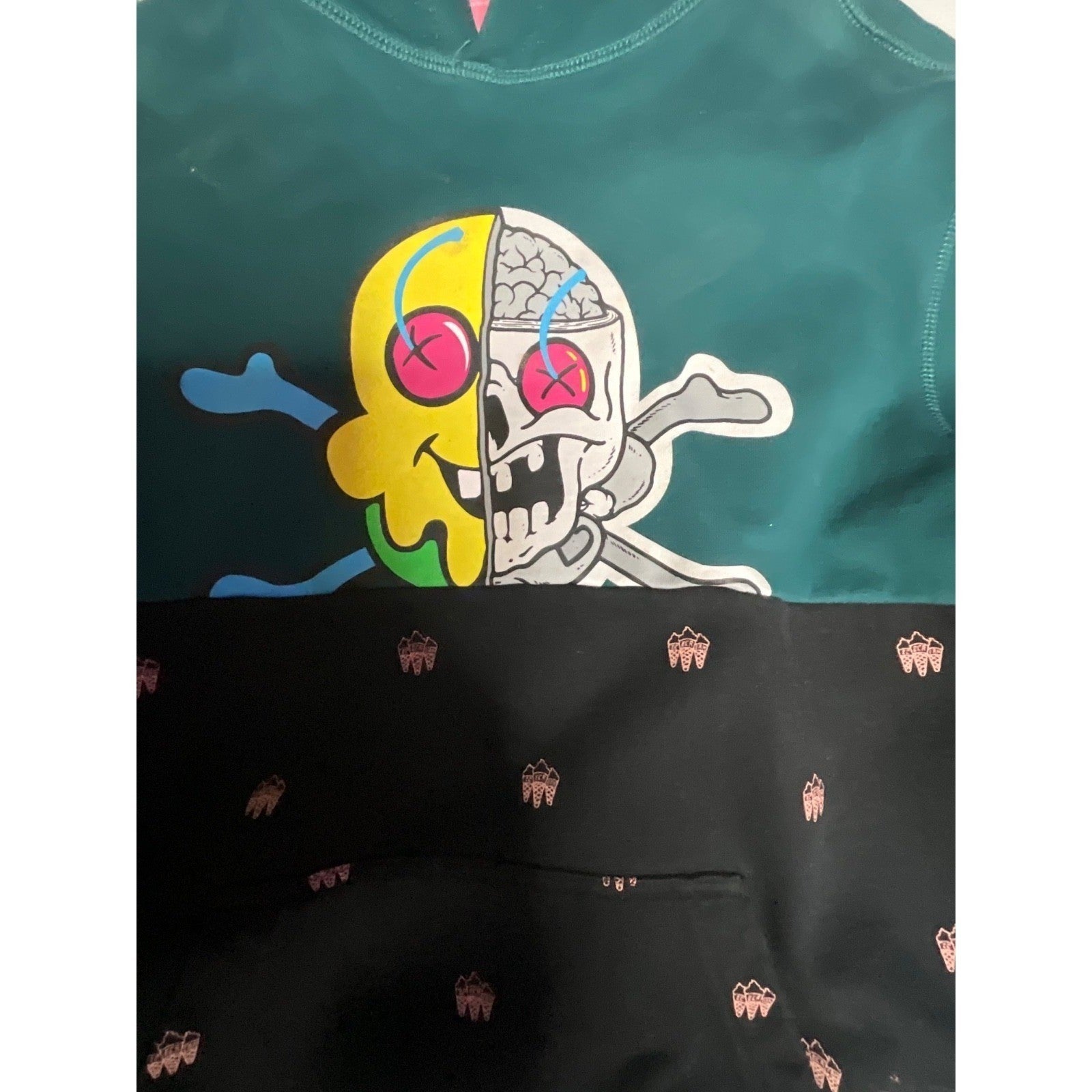 Ice Cream Skull Graphic Colorblock Hoodie Mens Size M Teal Black