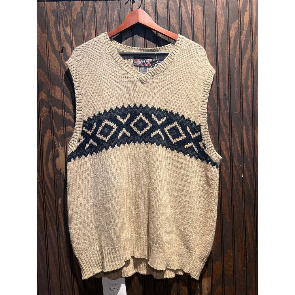 Vintage Quality Clothing Co Fair Isle Sweater Vest Beige Navy V-Neck XL 21x30