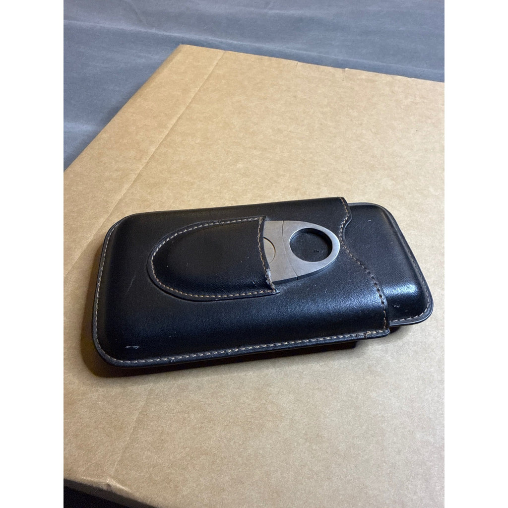 Black Leather 3-Cigar Travel Case with Stainless Steel Double Guillotine Cutter
