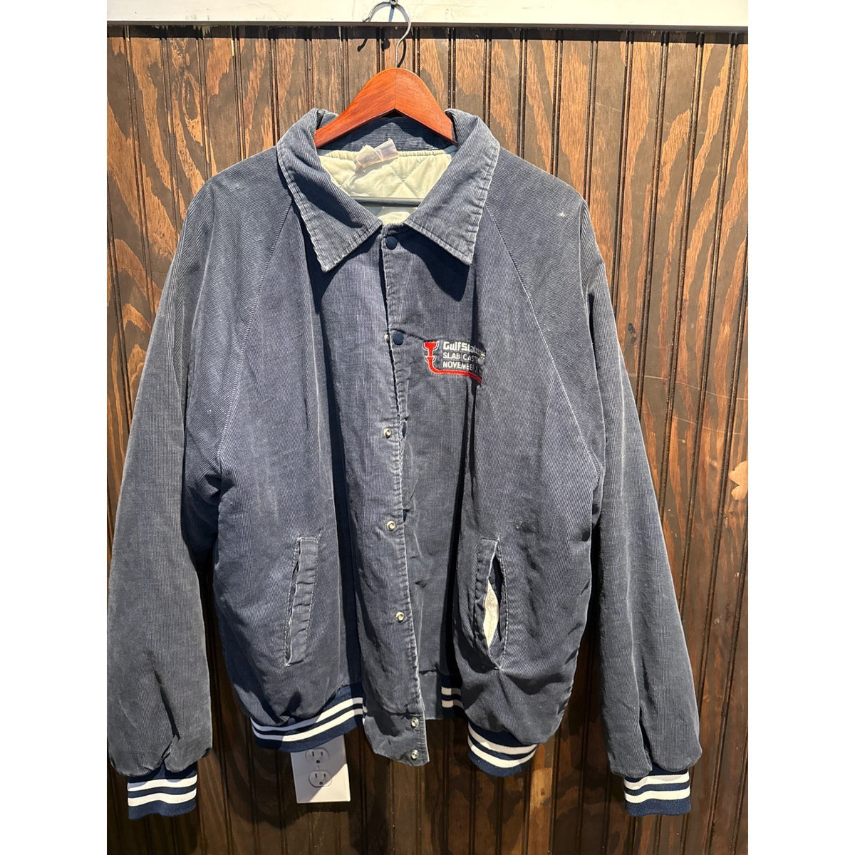 Vintage 80s Corduroy Varsity Bomber Jacket Navy Blue Gulf States Slab Casting L