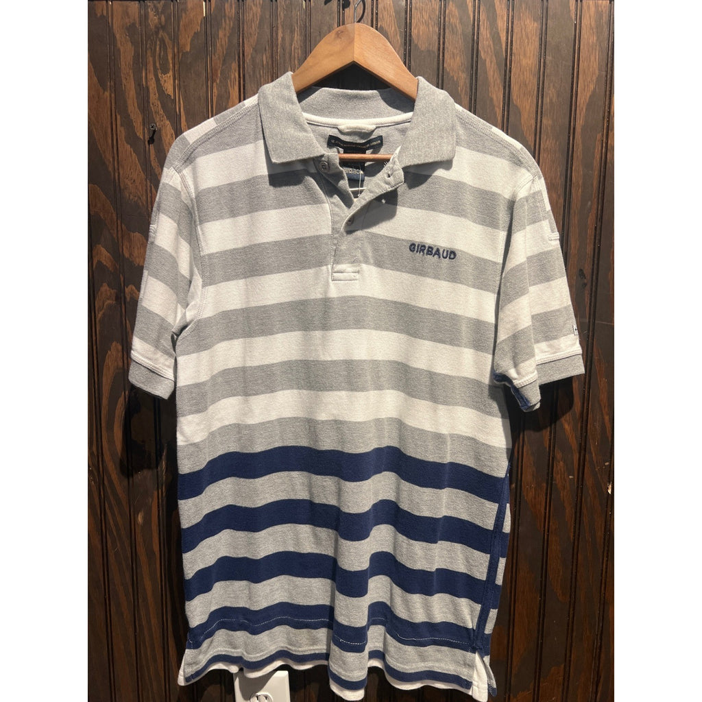 Marithe Francois Girbaud Striped Polo Shirt Mens Grey Navy Logo Short Sleeve