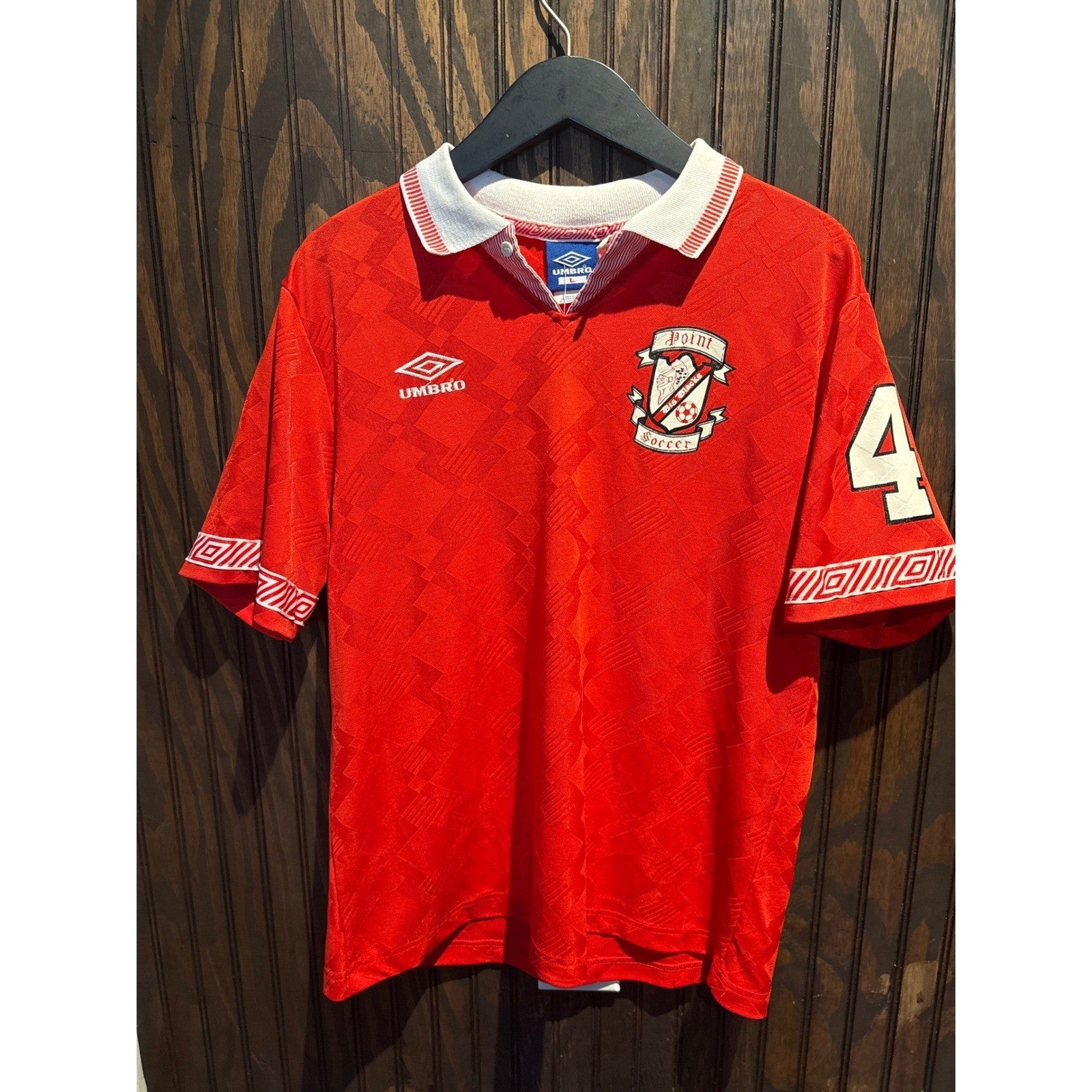 Vintage Umbro Point Soccer Jersey Red Geometric Pattern Polo Shirt Mens Large 4
