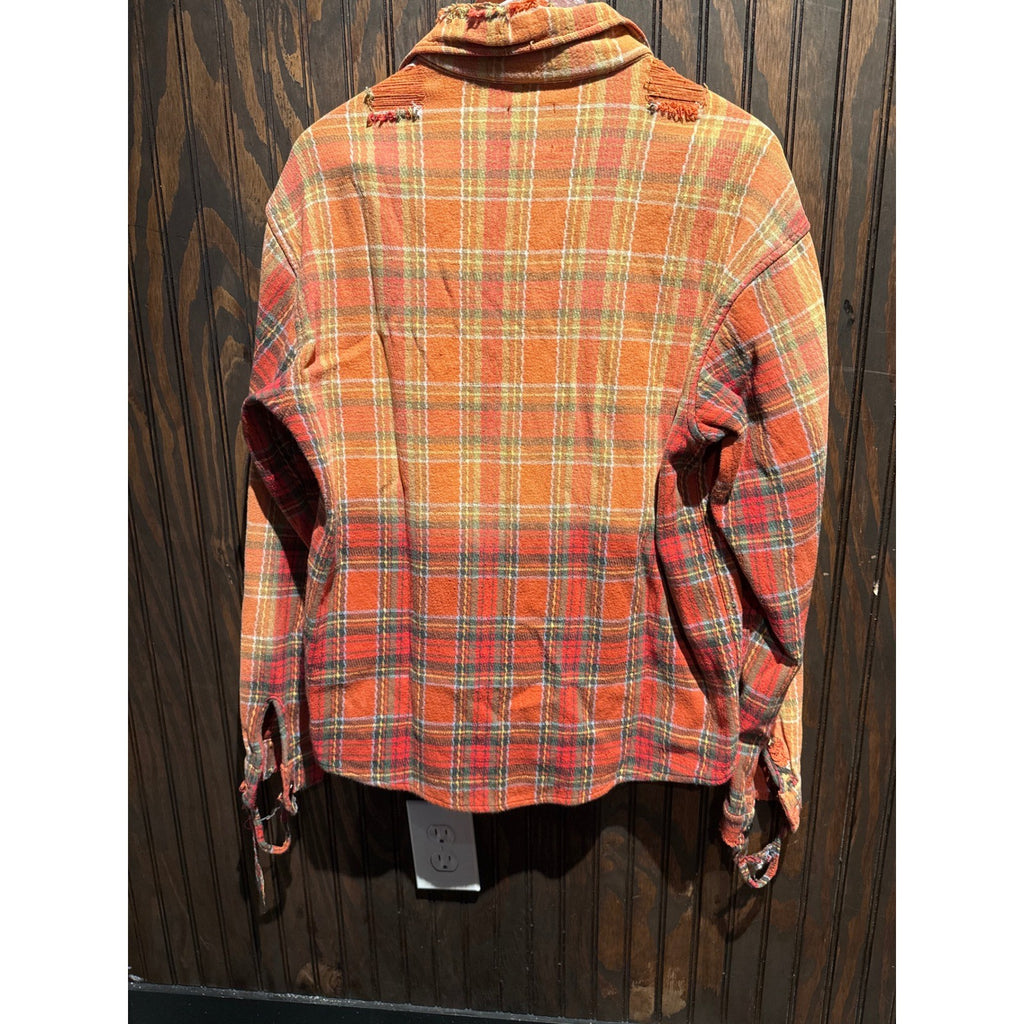 Gallery Dept Distressed Flannel Shirt Orange Red Plaid Button Down Mens Large