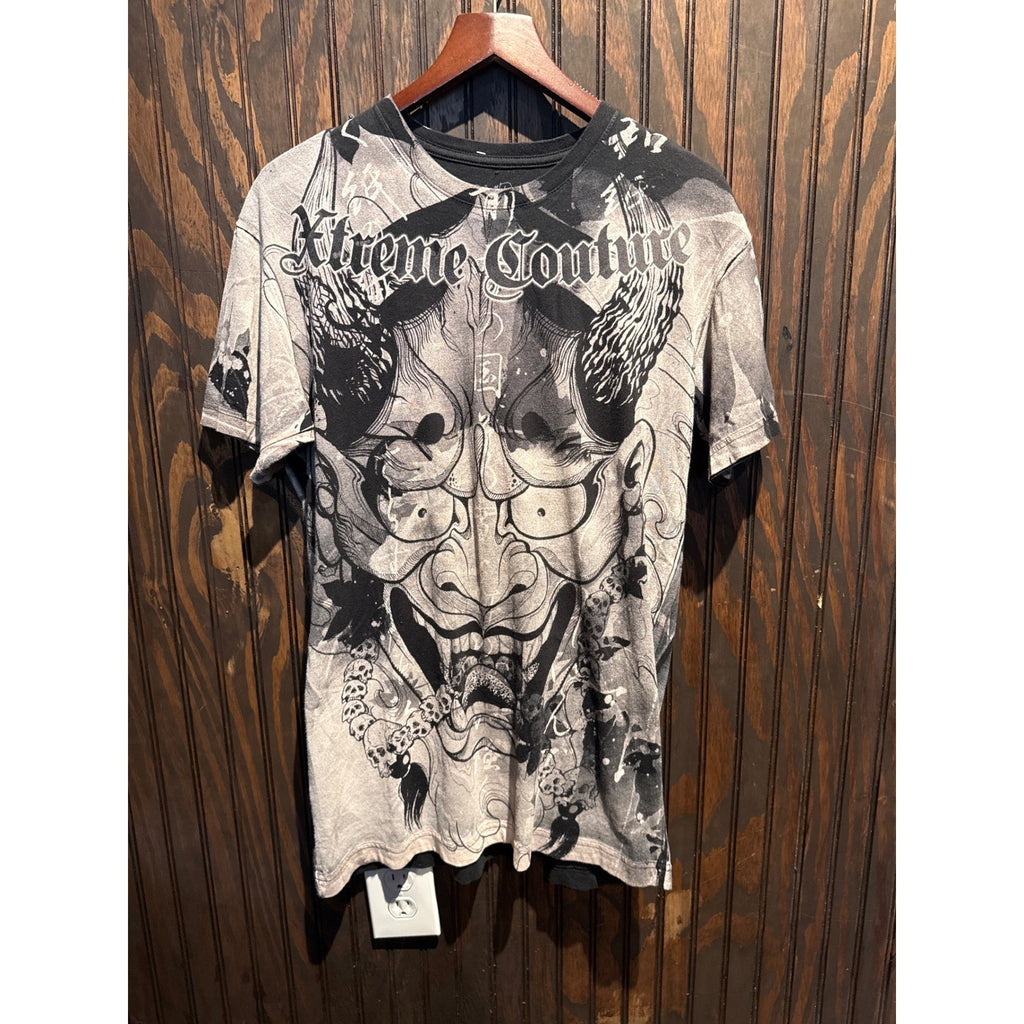 Xtreme Couture Affliction Mens Hannya Mask Skull Graphic T-Shirt Gray Black L