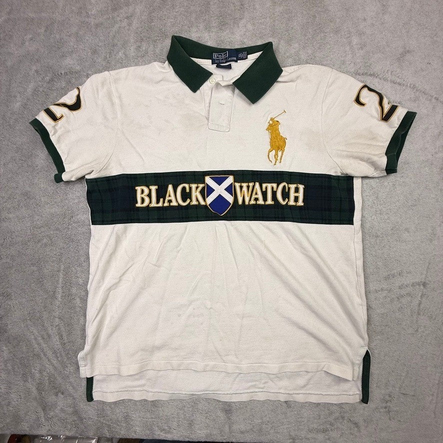 Polo Ralph Lauren Men's White Black Watch Rugby Polo Shirt Custom Fit XL