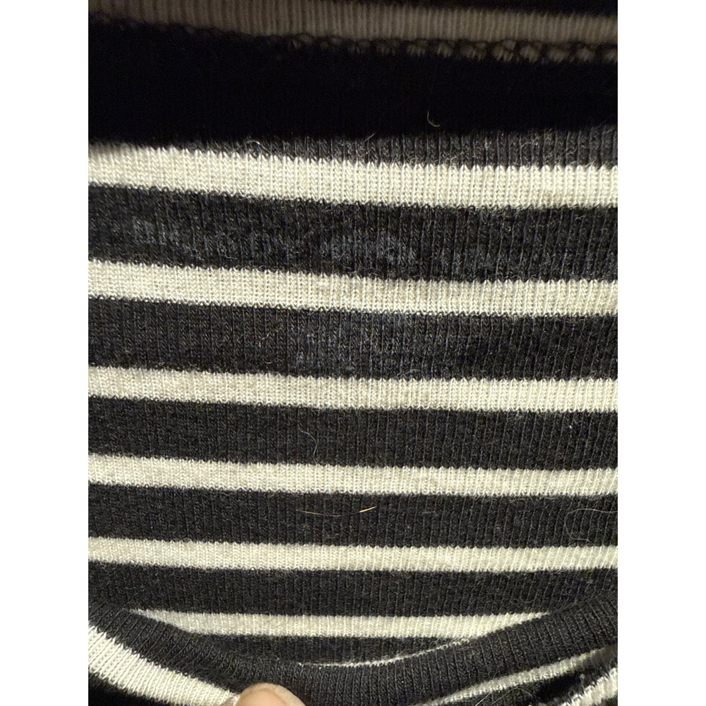 Womens Black White Striped Long Sleeve Boat Neck Top Casual Cropped Shirt L