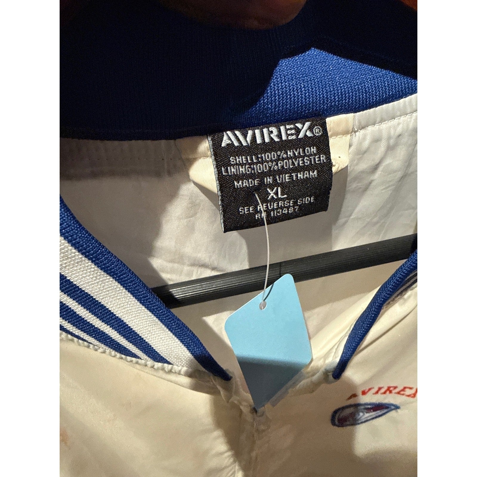 Avirex Vintage Mens XL Bomber Jacket Cream Blue Striped Windbreaker Full Zip 75