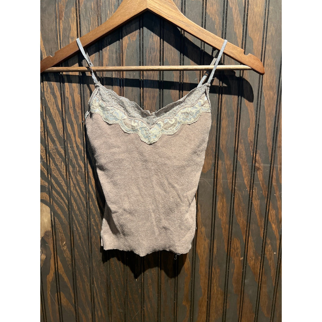 Vintage Style Taupe Ribbed Knit Lace Trim Camisole Floral Embroidered Tank Top