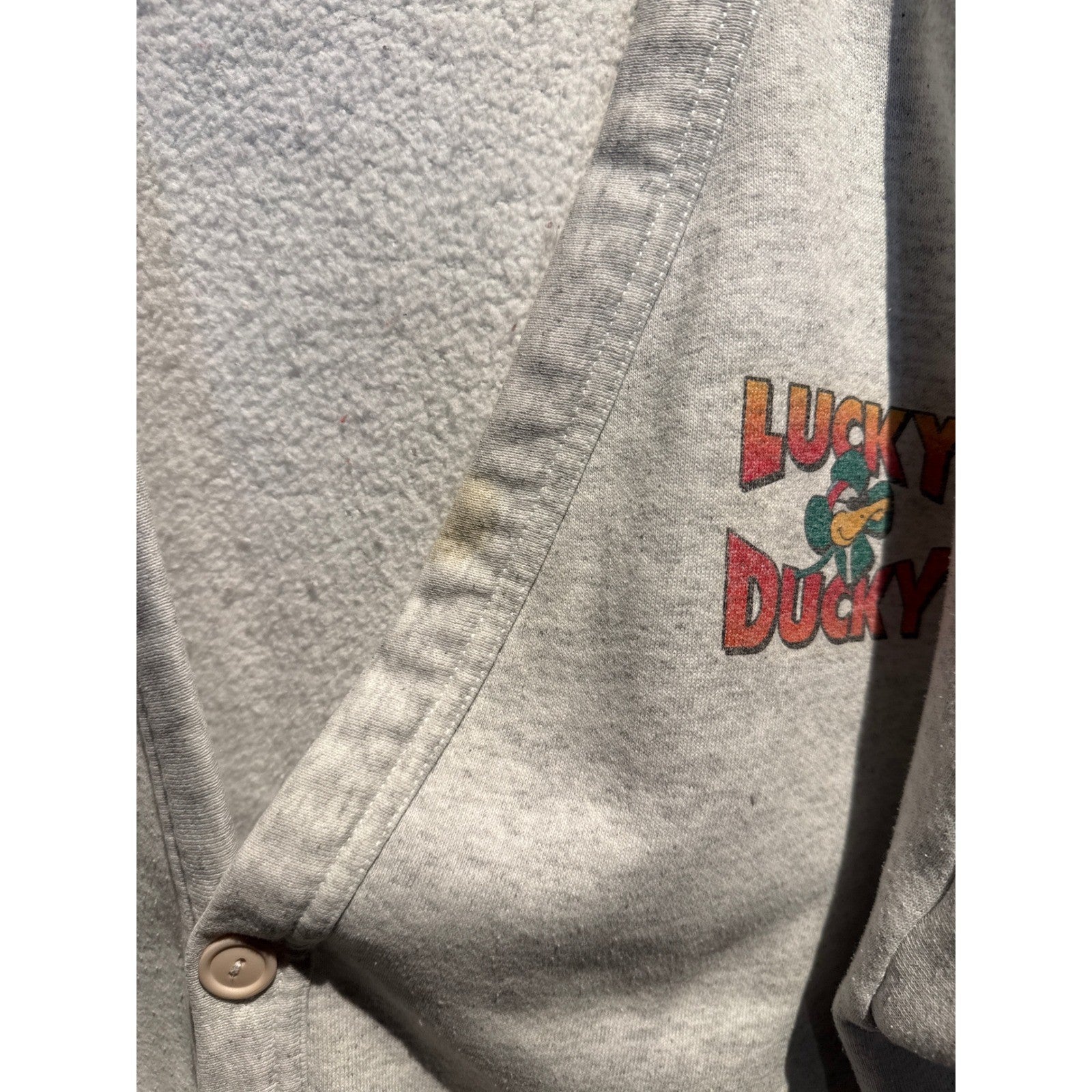 Vintage Santee Lucky Ducky Sweat Cardigan Heather Gray Button Front XL 24x28