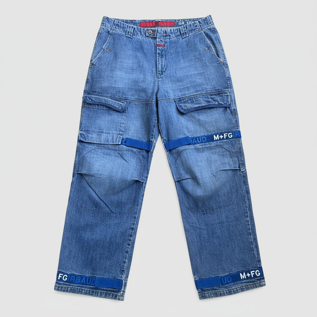 Marithe Francois Girbaud Shuttle Tape Cargo Jeans Blue Baggy Wide Leg 36x31