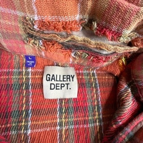 Gallery Dept Mens Plaid Distressed Flannel Shirt Red Orange Large Made in USA