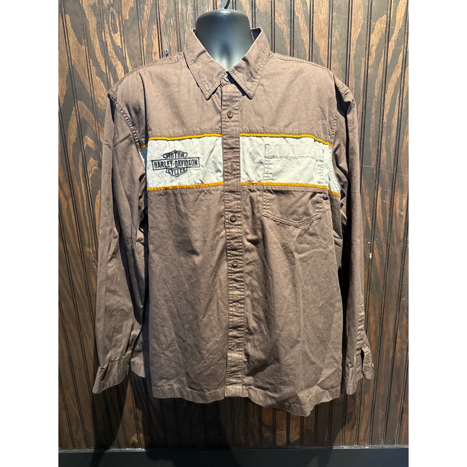 Harley Davidson Mens Brown Grey Colorblock Logo Long Sleeve Button Up Shirt XL