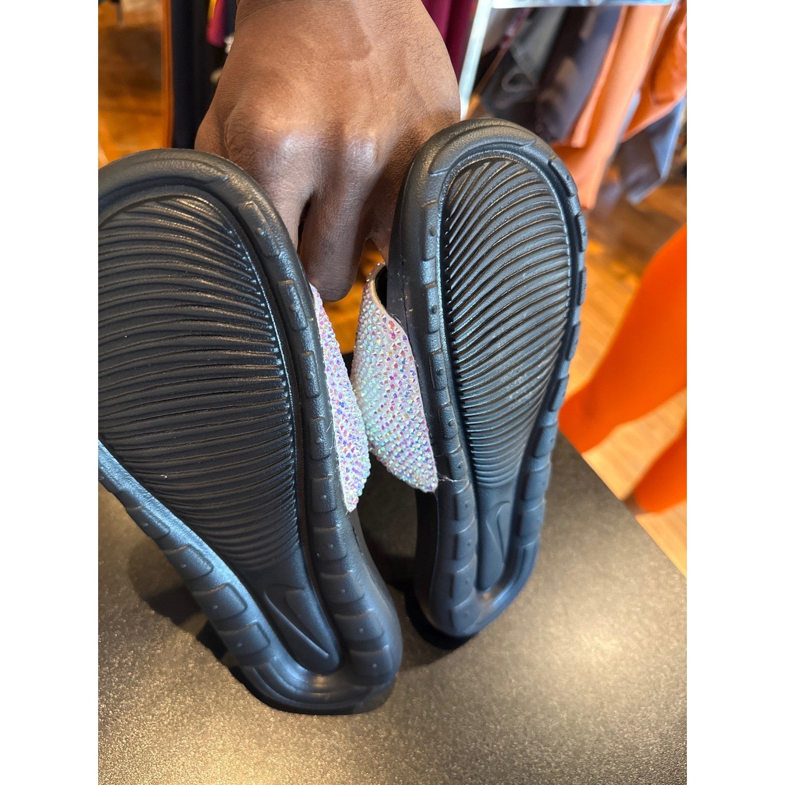 Nike Kawa Custom Rhinestone Slides Black Iridescent Bling Sandals Mens Womens
