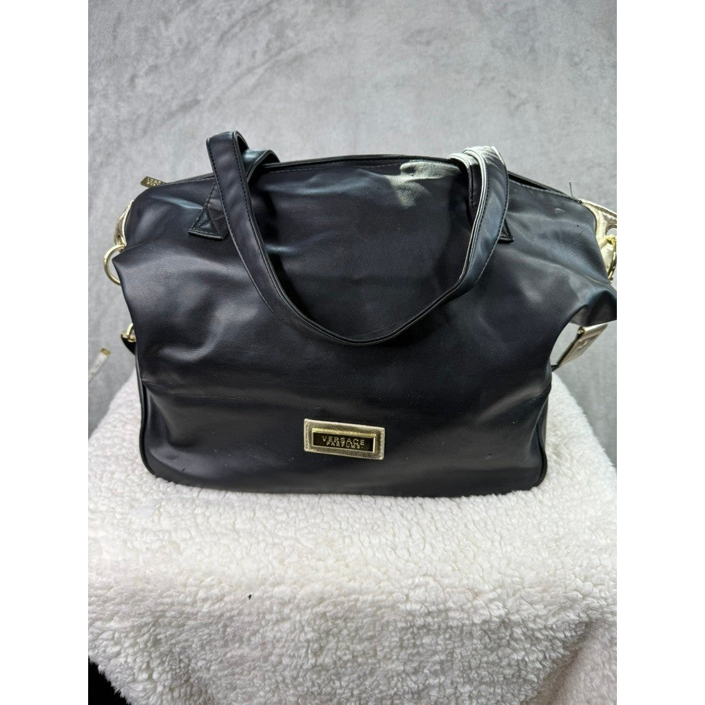 Versace Black Faux Leather Tote Bag Gold Medusa Logo Chain Strap
