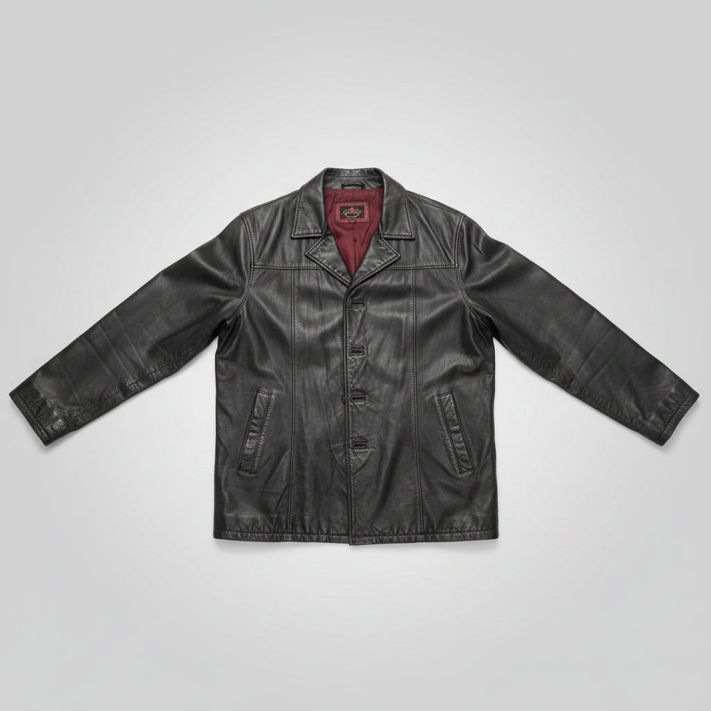 Haband Executive Division Mens Black Patchwork Genuine Leather Car Coat Jacket L