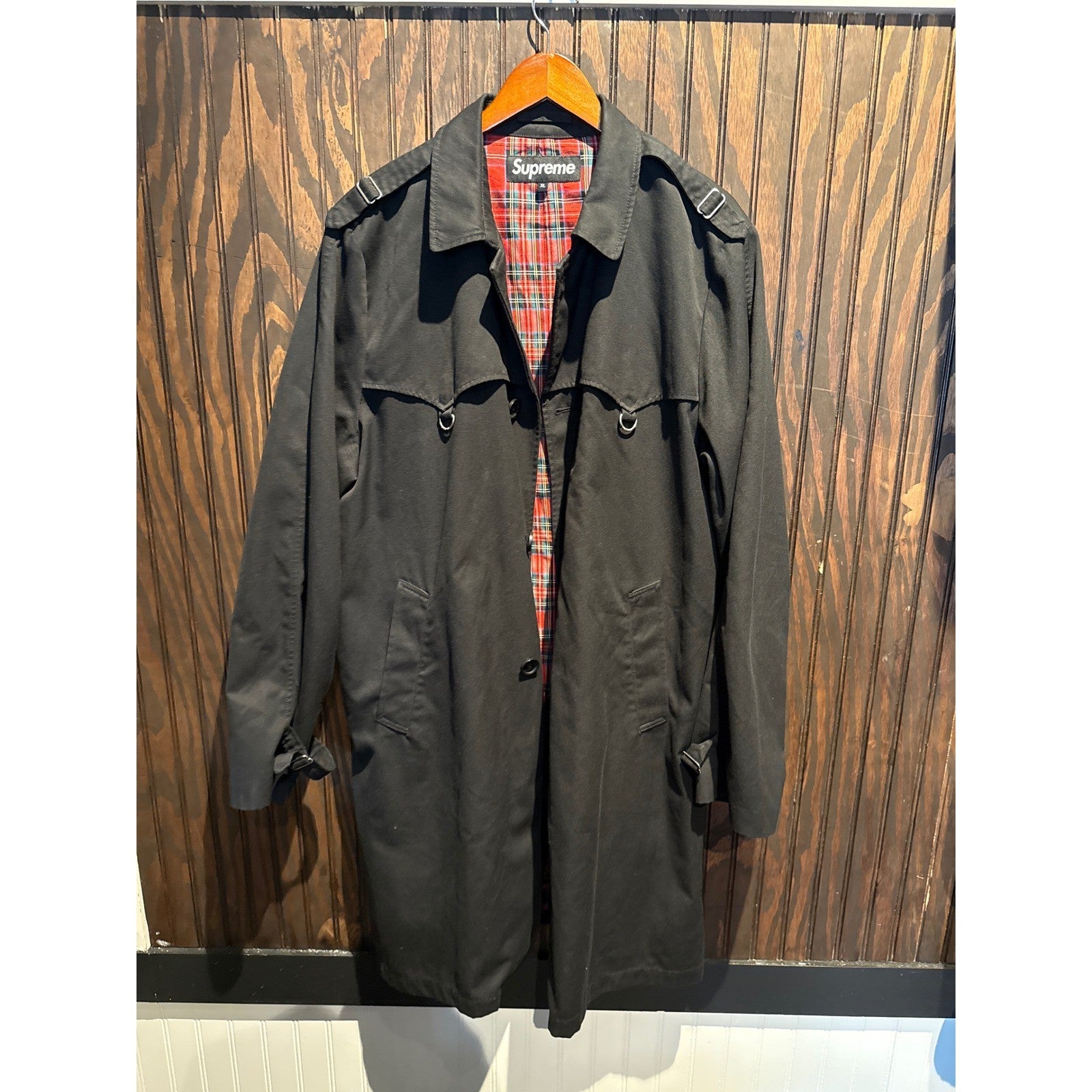 Supreme Trench Coat Black Plaid Lined D-Ring Epaulets Mens Long Jacket
