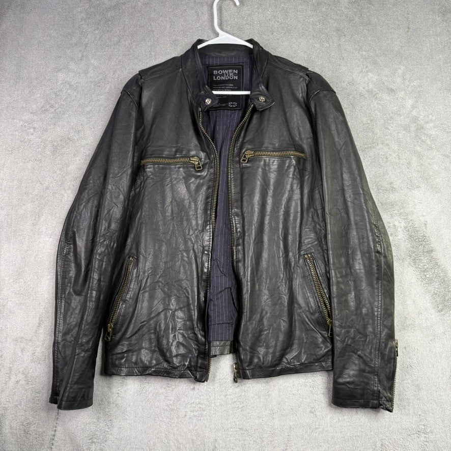 Bowen London Mens Black Leather Motorcycle Jacket YKK Zippers Size Medium