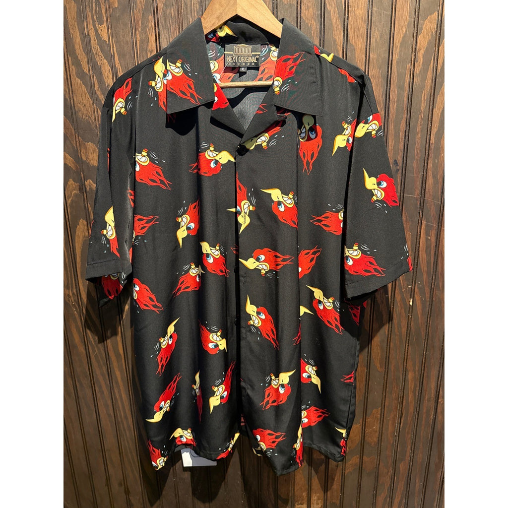 Next Original Mens XL Black Flame Bird Graphic Button Down Camp Shirt Vintage