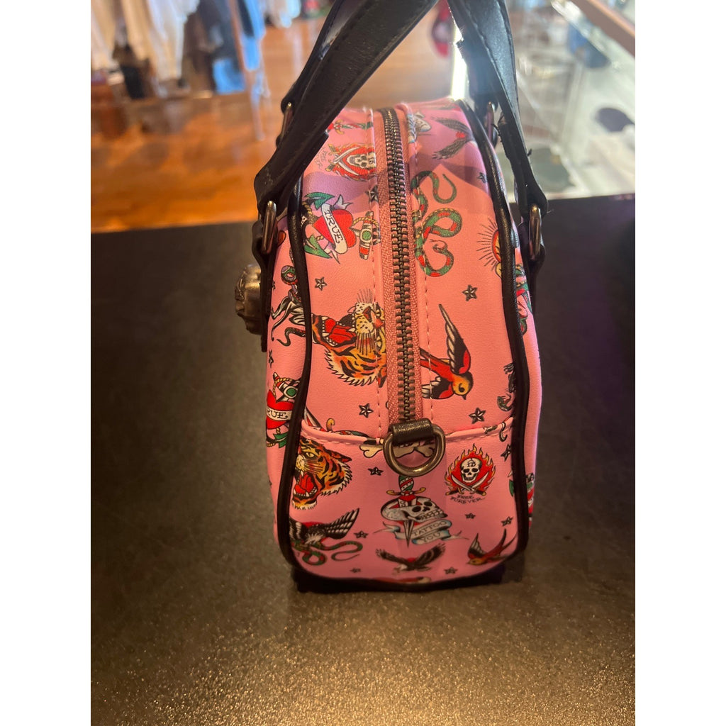 Ed Hardy Pink Tattoo Print Mini Bowler Bag Skull Hardware Y2K Satchel NEW