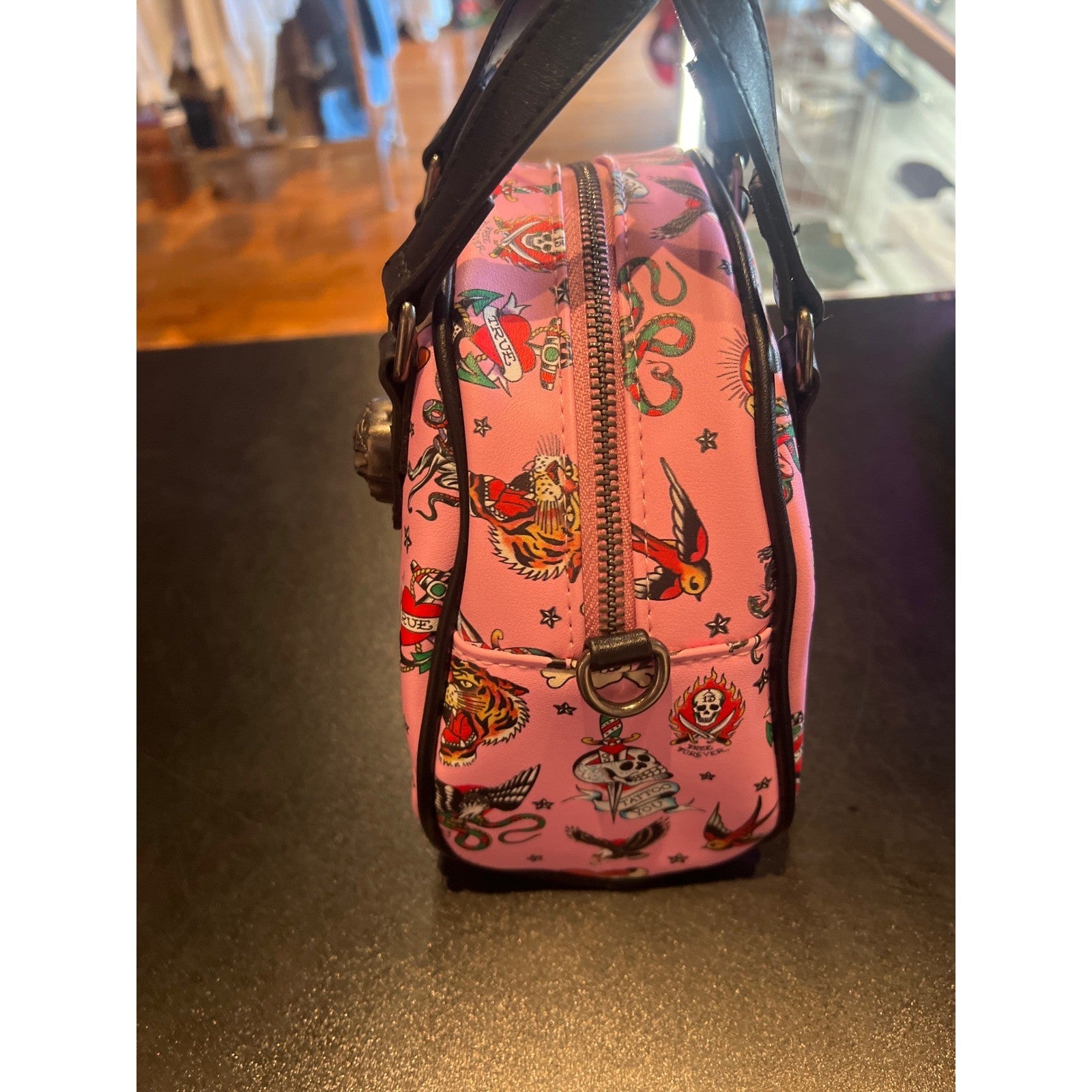 Ed Hardy Pink Tattoo Print Mini Bowler Bag Skull Hardware Y2K Satchel NEW