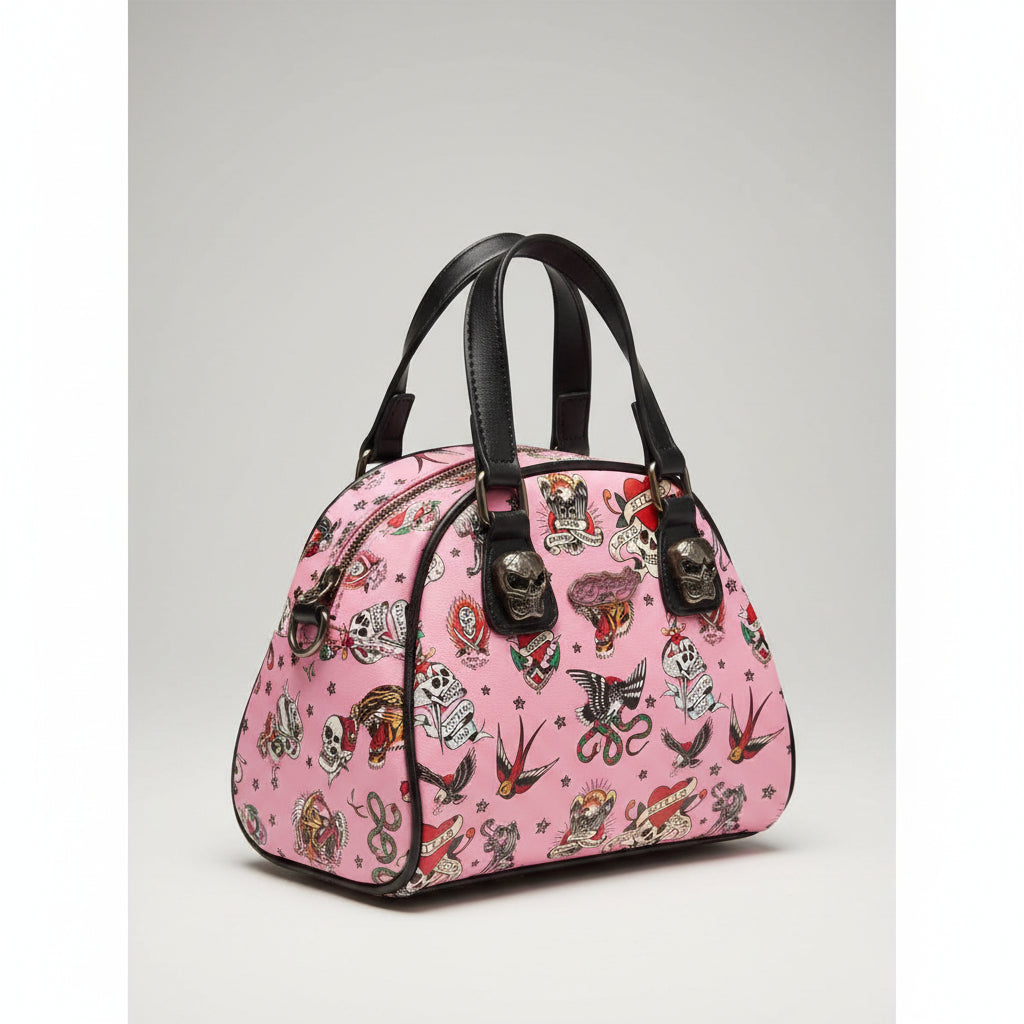 Ed Hardy Pink Tattoo Print Mini Bowler Bag Skull Hardware Y2K Satchel NEW