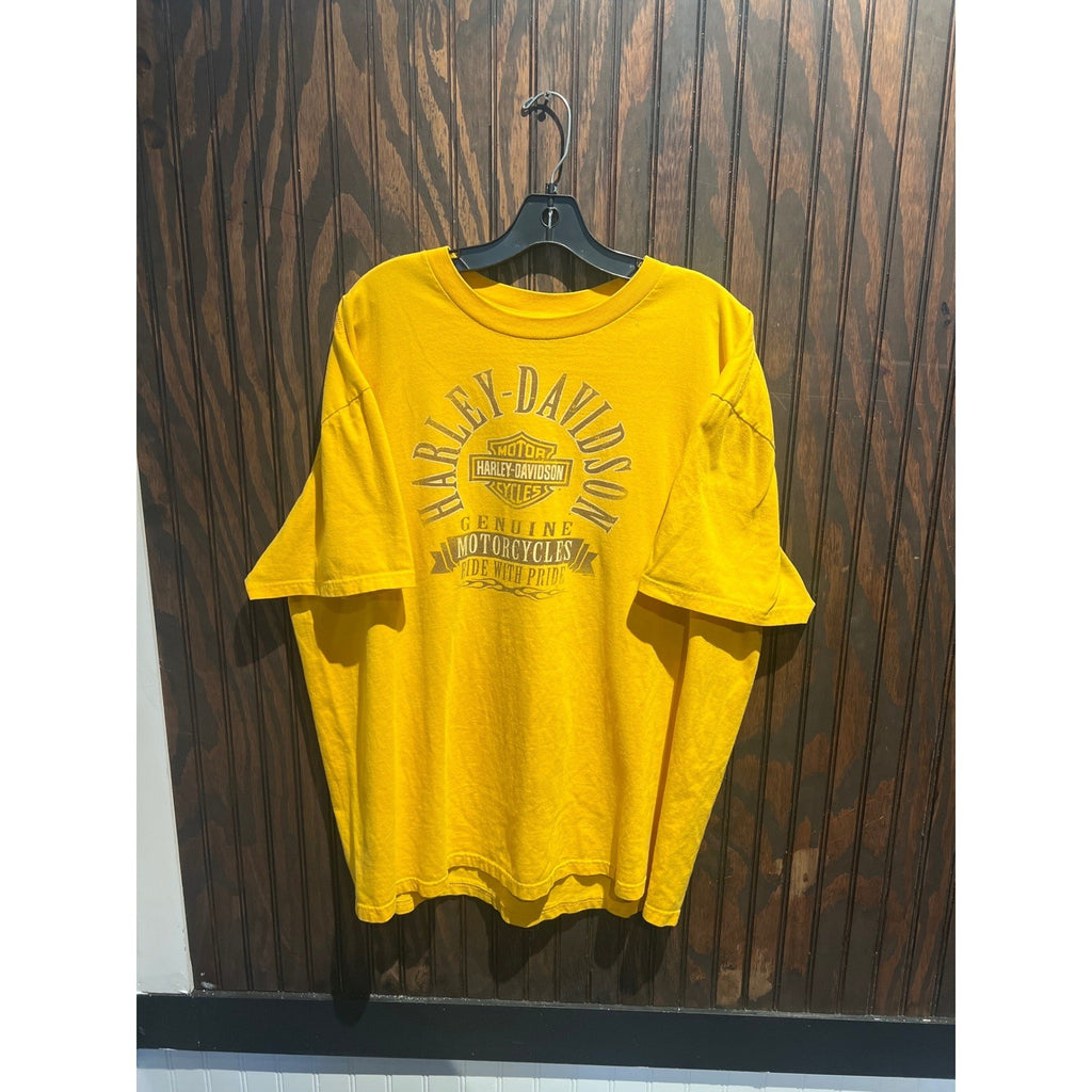 Harley-Davidson Mens Yellow Graphic T-Shirt Ride With Pride Biker Tee 2XL 29x24