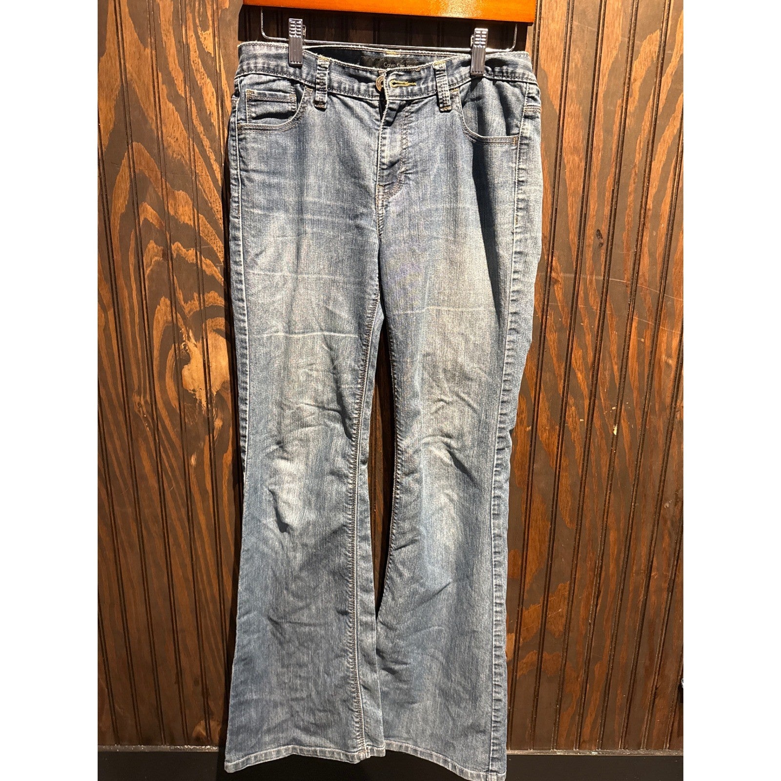Calvin Klein Jeans Womens Flare Leg Blue Denim Pants Medium Wash Mid Rise 14x30