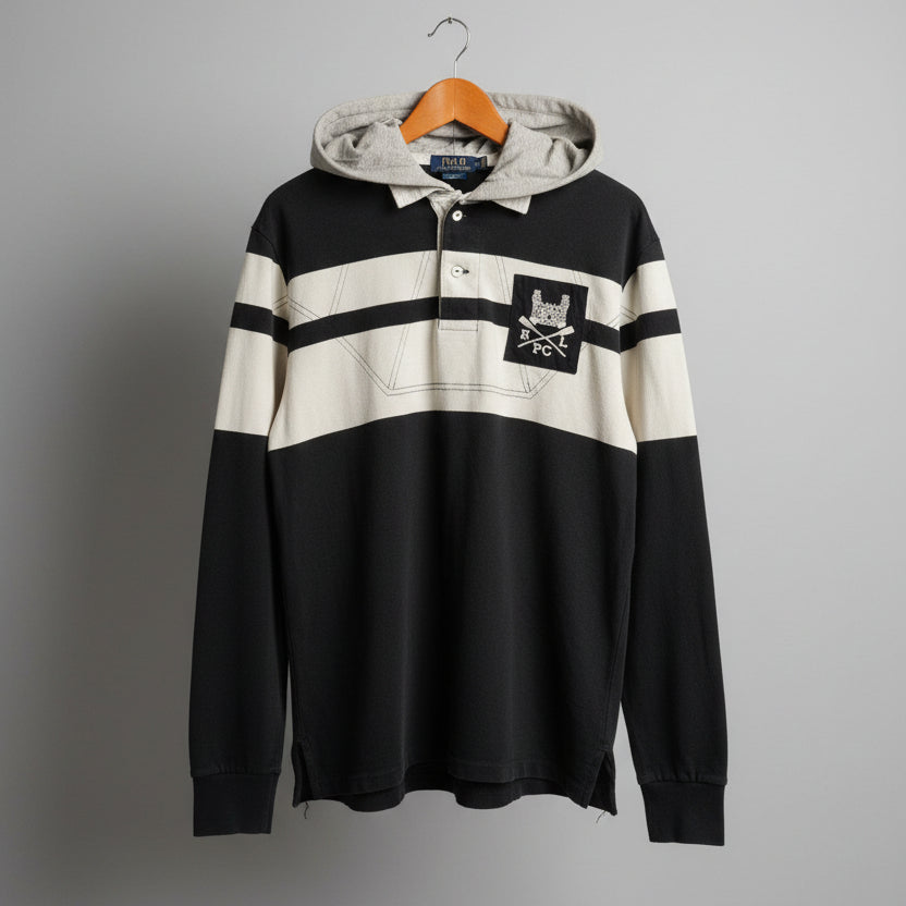 Polo Ralph Lauren Mens Custom Fit Rugby Hoodie Striped RLPC Crest Black White L