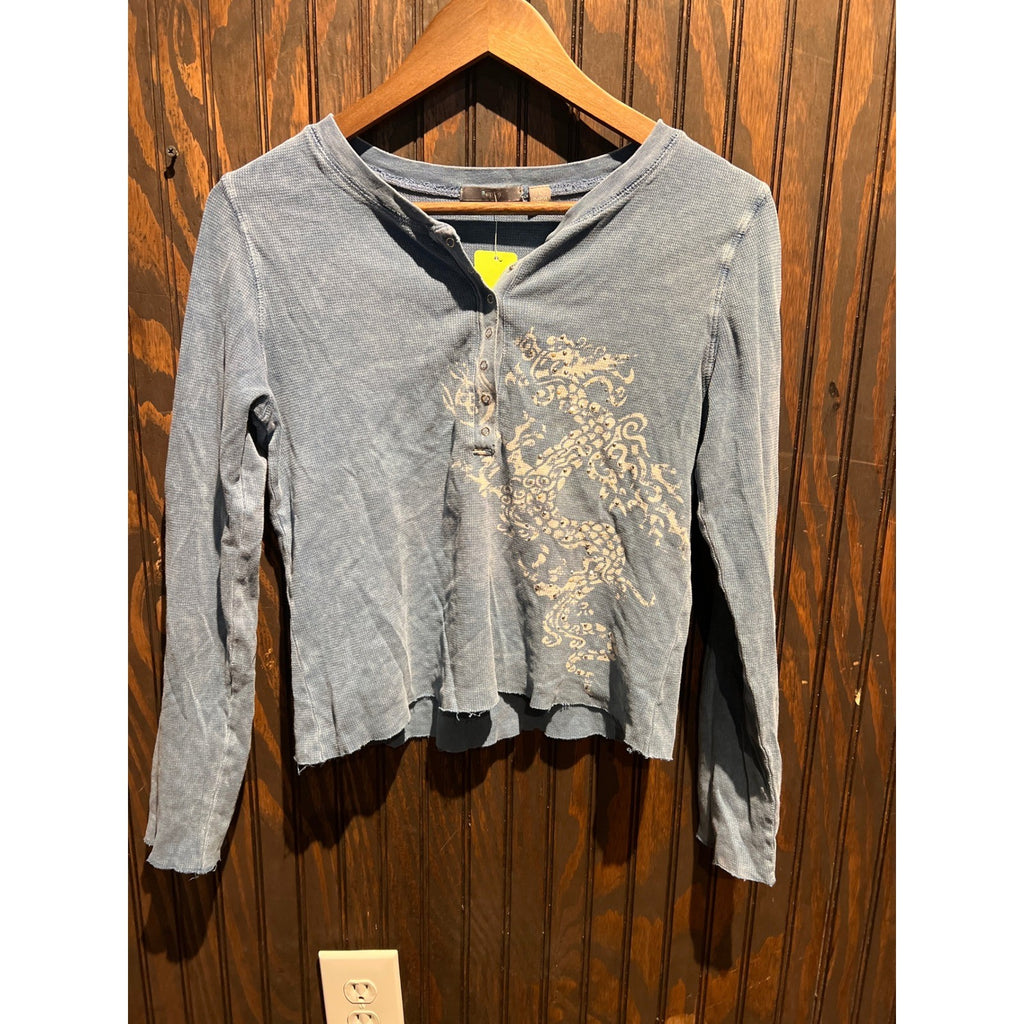 Vintage No Boundaries Blue Waffle Knit Dragon Graphic Henley Top Y2K Grunge
