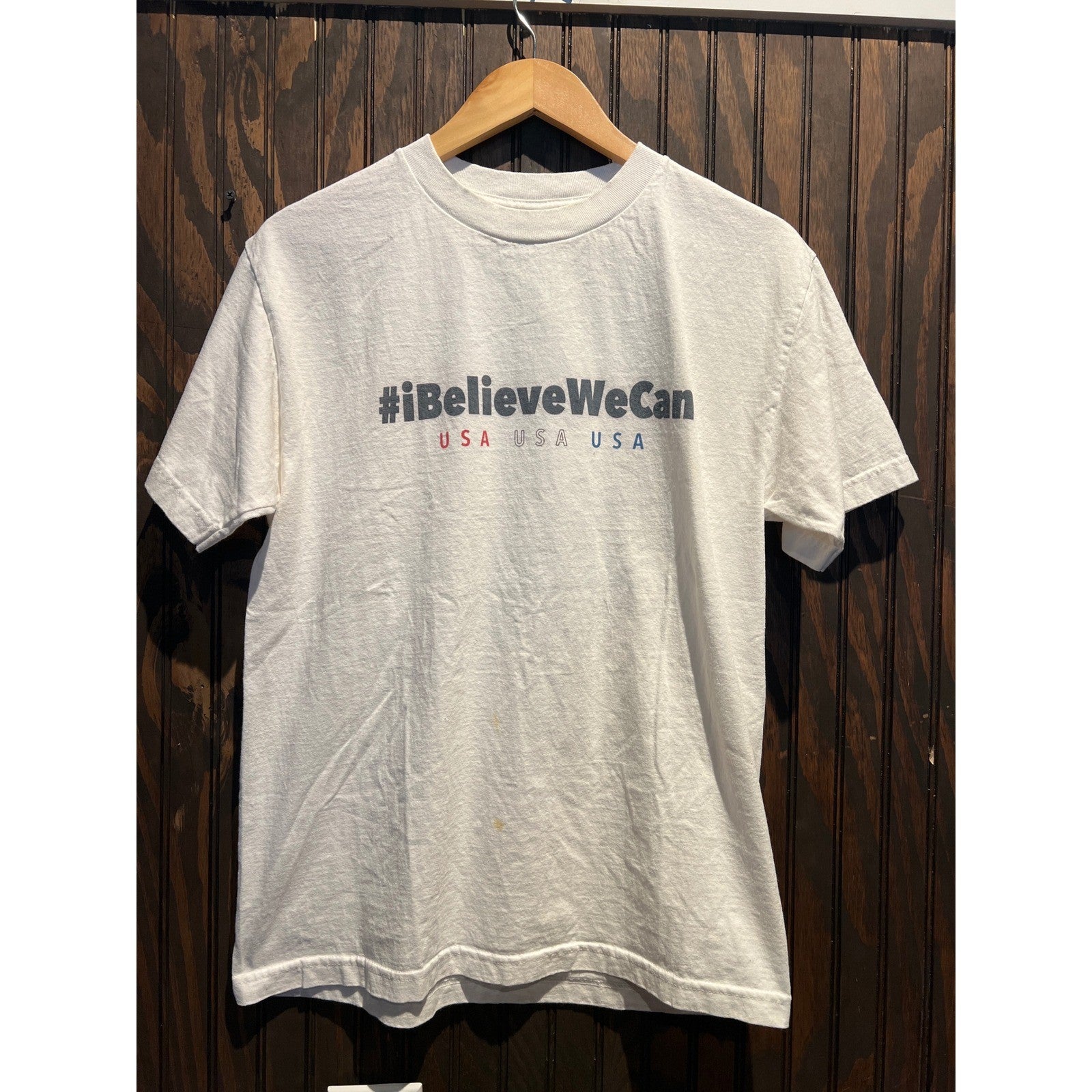 White USA Graphic T-Shirt #iBelieveWeCan Patriotic Short Sleeve Crew Neck Tee