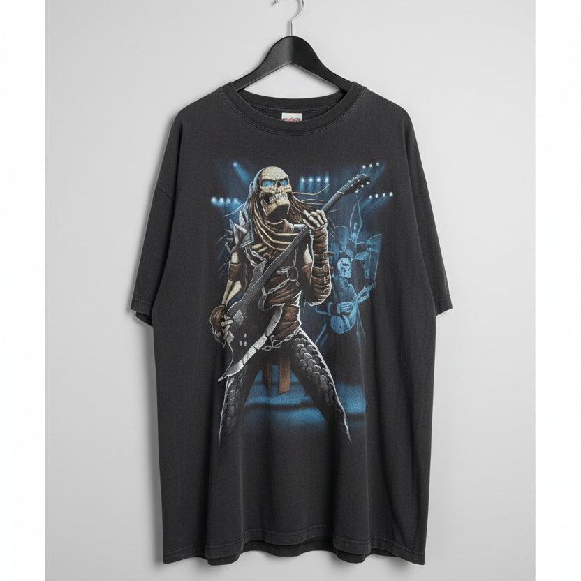 Vintage Style Heavy Metal Skeleton Guitarist Graphic Tee Faded Black Mens 2XL